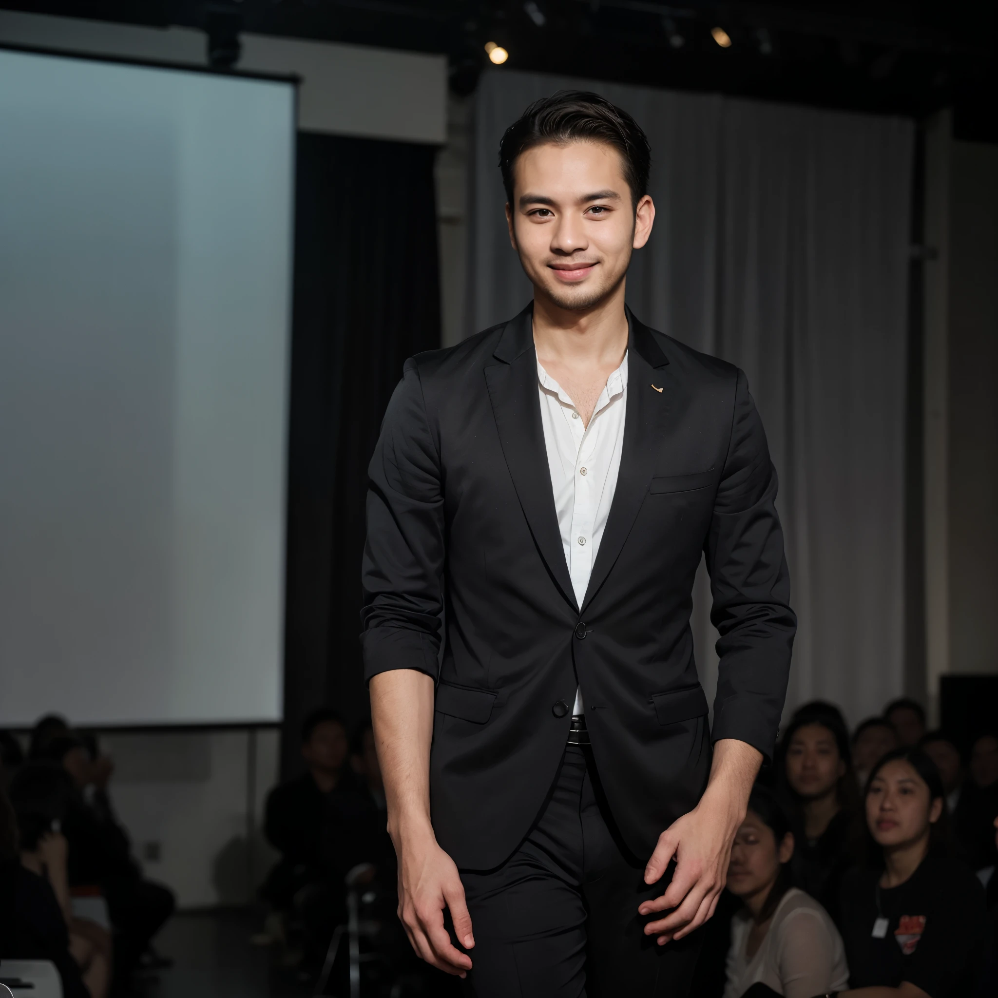 Create a hyper-realistic photo of a man, 30 years old, Thai, full length, wearing black suite, standing, cross-arm, smilingly, on stage presentation, home, blur background, ((best quality)), ((masterpiece)), (detailed), perfect face
