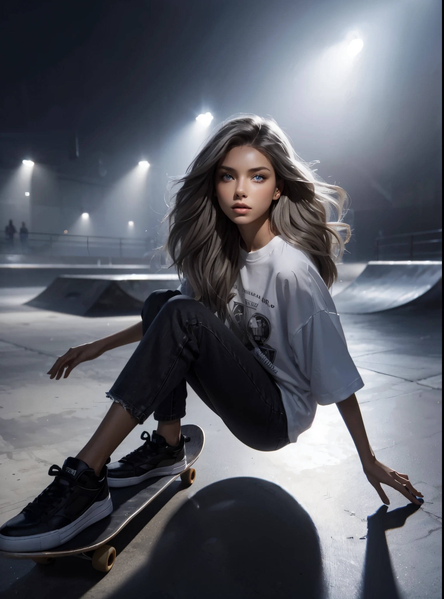 (beautiful, best quality:1.2), 1 girl, solo shot, A woman glides effortlessly on a skateboard along an empty, concrete skatepark illuminated by the soft glow of streetlights, She’s dressed in a sleek, oversized white graphic tee paired with form-fitting black jeans and chunky black skate shoes, exuding a modern, edgy vibe, With her ash-gray hair flowing behind her, the model’s captivating, dewy blue eyes lock onto the viewer, radiating confidence and determination