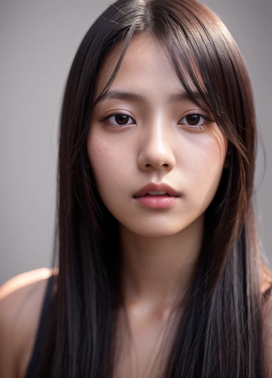 1 girl, alone, frontal portrait, black hair, long hair, mole under eye, closed mouth, high detail, glowing light, Sony FE GM, textured skin, high details, highres