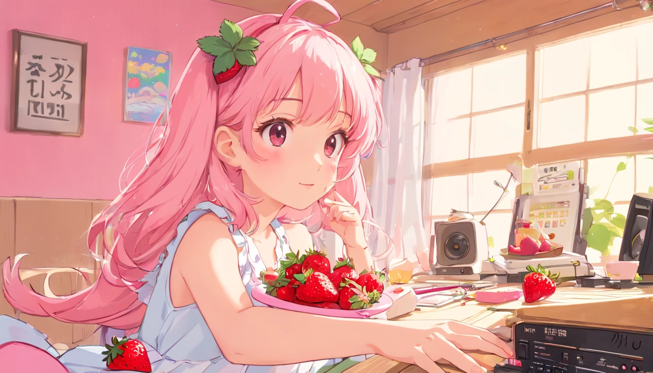 perfect body、strawberryいろの少女、(((Girl&#39;s UP)))、(((The girl's face is well visible)))、make many round chicks、((12 years old))、(((cassette tape、radio cassette player、record)))、cute beautiful girl、((Listening to music with headphones on))、machine、Note、computer、light bulb、window、Chair、curtain、retro、(((80s))) Neon color、pastel colour、((Light pink room))、Polka dot pattern、strawberry、80'sパターン、round pattern、square pattern、Cartoon screentones、Dot pattern is applied from above、cooking、chick chick、Cotton candy、candy、(((Get into a rhythm))), (((lofi-art))), Cute white fur ball creature、(((The structure and balance of the face of the human body, objects, and living things are well-balanced without any discomfort.))), (((the fingers of the hand５Book))), (((beautiful and well-shaped body)))、(((Cute and beautiful face)))、(((strawberry、summer、pink and white)))