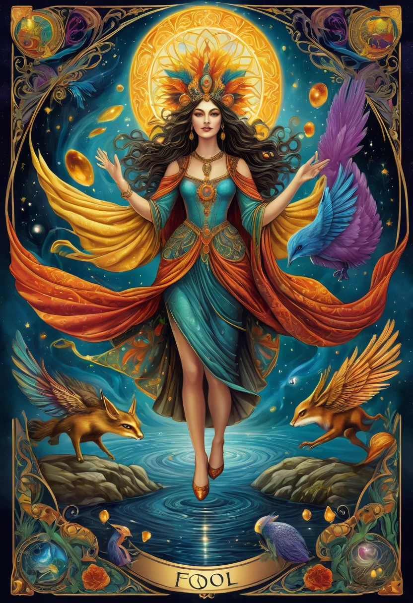 The Fool card, colorful and vibrant, surrounded by a mysterious atmosphere, intricate details, symbolic imagery, intricate line work, surreal elements, (vibrant colors, vivid hues), mystical and enchanting, ethereal and dream-like, (highly-detailed, intricate patterns), (dynamic composition, compelling layout), (masterpiece:1.2), (realistic, photorealistic:1.37), (fine art, painting:1.1), (magical atmosphere, otherworldly ambiance), (fantasy elements, surrealistic symbols), (impressive shading, beautiful lighting), (best quality, highres), (captivating, mesmerizing:1.1), (rich textures, tactile feel, embossed effect), (symbolism, allegorical representations), (mystical beings, mythical creatures), (rich and deep colors, contrasting tones), (emotions and expressions, varied facial expressions), (intriguing poses, dynamic movements), (ancient wisdom, spiritual journeys), (tarot spreads, divination tools), (ancient and timeless, historical significance), (elegant and elaborate, intricate designs), (magic and mysticism, occult symbolism), (sumptuous and lavish, opulent details), (moody ambiance, mysterious shadows), (fascinating and enigmatic, enigmatic figures), (illuminating insights, profound revelations).