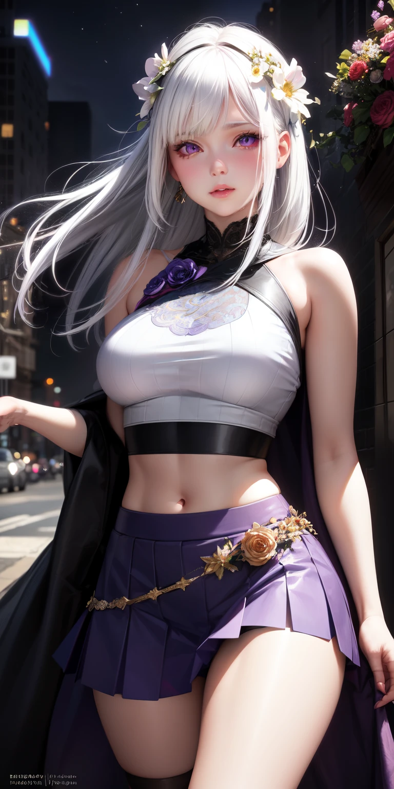 realistic, 1girl, white hair, purple eyes, glowing eyes, crop top, skirt, parted lips, blush, night, flowers, sun, sunlight,