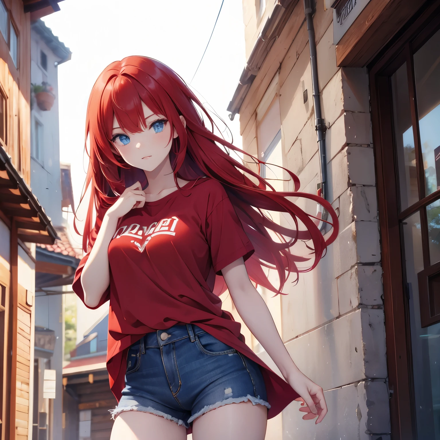 Red hair, blue eyes, shirt, shorts jeans