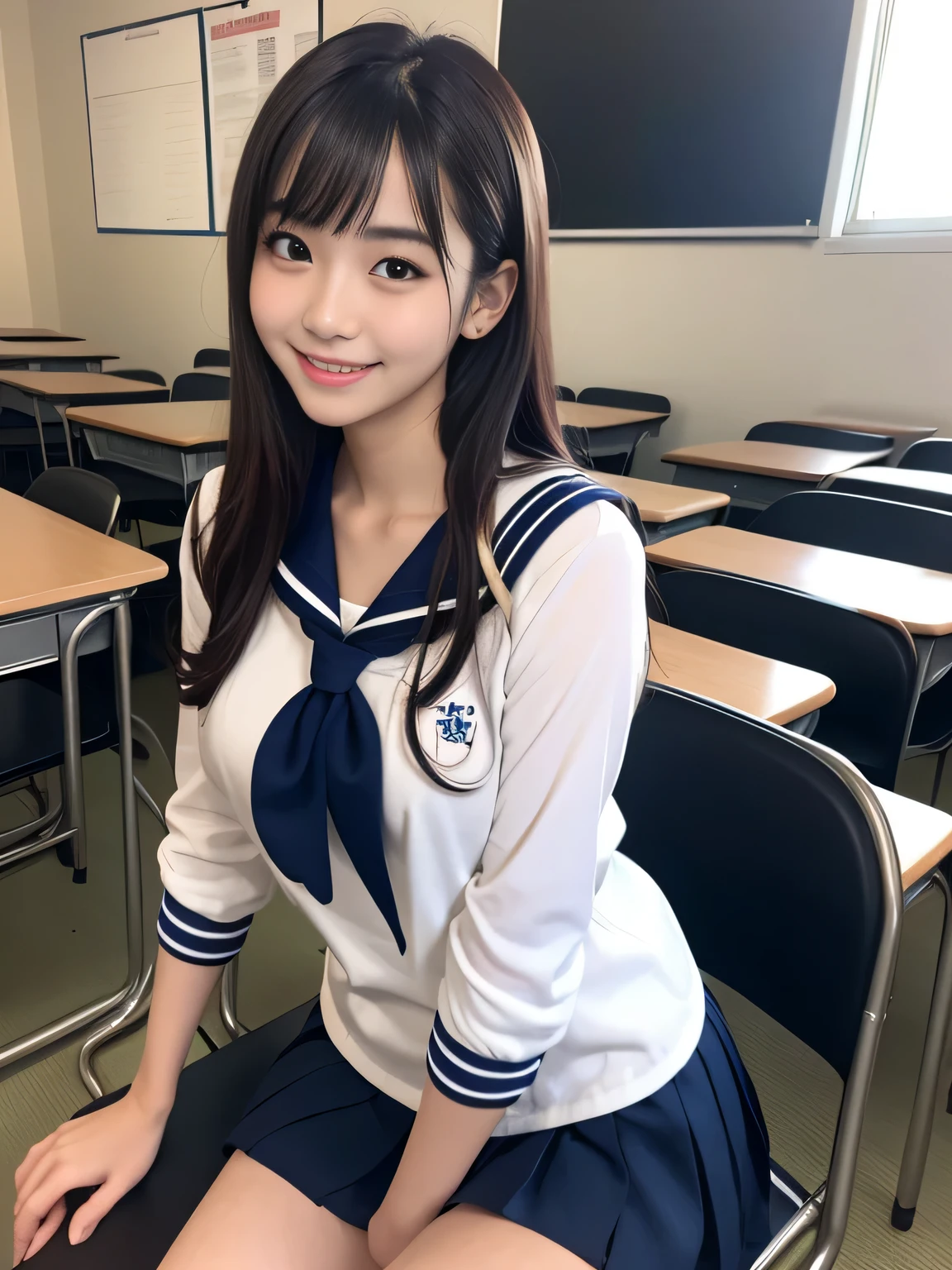 8K, highest quality, real image, realistic, intricate details, Super detailed, ultra high resolution, depth field, (realistic,realistic:1.3), (small breasts:1.2), japanese girl, very beautiful 17 year old girl, (beautiful breasts:1.5, highly detailed eyes:1.2), (beautiful breasts:1.1), bangs, perfect skin, Fair skin, tight waist, looking at the viewer, black hair, hair behind the ear, shoulder hair, knees together, long hair, no makeup, in a high school classroom, During class, (smile:1.3), (high school sailor suit:1.2), (navy pleated skirt:1.2)
