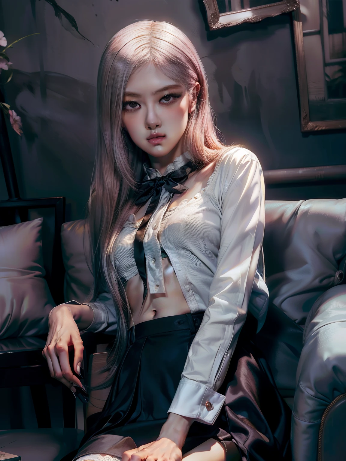 (Hyper-realistic), (Illustration), (High resolution), (8K), (Extremely detailed), (Best Illustration), Yol ( chain saw man ), (Beautiful detailed eyes), (Best Quality), (Ultra-detailed), (masutepiece), (Wallpaper), (Detailed face), Solo, Upper body, Focus on Face, 1 girl, pink Hair, Korean, Thin eyeshadow, A detailed eye, Brown eyes, Small moles under the eyes, very slender legs,Please wear a long-sleeved shirt....., Neckbow, Small breasts,Smaller chest,Black knee socks, Dynamic Pose, low illuminance, Night, Dark, Clouds, a dark night,sit on sofa,Happy,White panty,White bra,