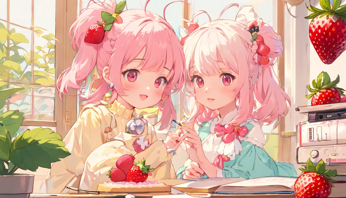 perfect body、strawberryいろの少女、(((Girl's UP)))、(((The girl's face is well visible)))、make many round chicks、(())、(((cassette tape、radio cassette player、record)))、cute beautiful girl、((Listening to music with headphones on))、machine、Note、computer、light bulb、window、Chair、curtain、retro、(((80s))) Neon color、pastel colour、((Light pink room))、Polka dot pattern、strawberry、80'sパターン、round pattern、square pattern、Cartoon screentones、Dot pattern is applied from above、cooking、chick chick、Cotton candy、candy、(((Get into a rhythm))), (((lofi-art))), Cute white fur ball creature、(((The structure and balance of the face of the human body, objects, and living things are well-balanced without any discomfort.))), (((the fingers of the hand5Book))), (((beautiful and well-shaped body)))、(((Cute and beautiful face)))、(((strawberry、summer、pink and white)))