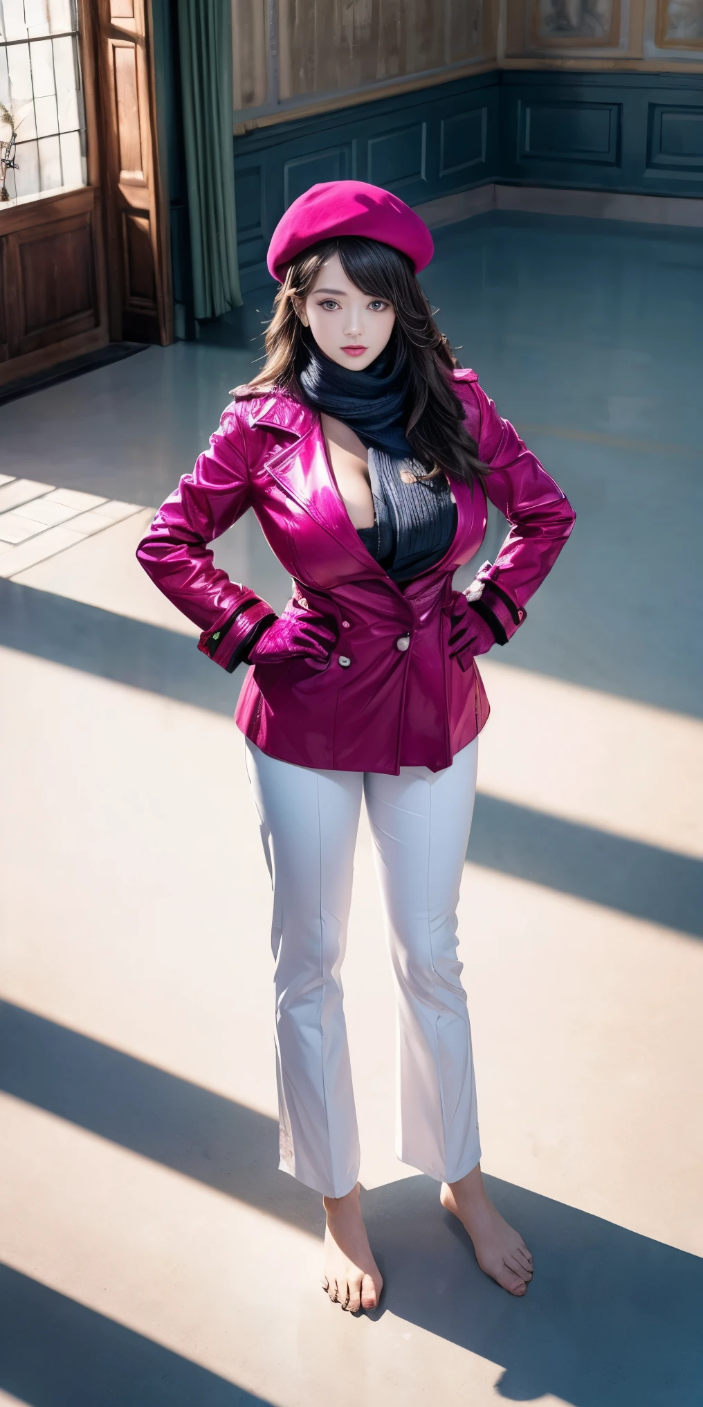 masterpiece, best quality, whole body, barefoot, alone, woman, Big breasts, Fairforest, Berets, pink shawl, Pink coat, white pants, brown gloves, Upper body, looking at the audience, Shy, from above, building, Room, finely decorated Room, pink theme, Big breasts but cover, hands on hips