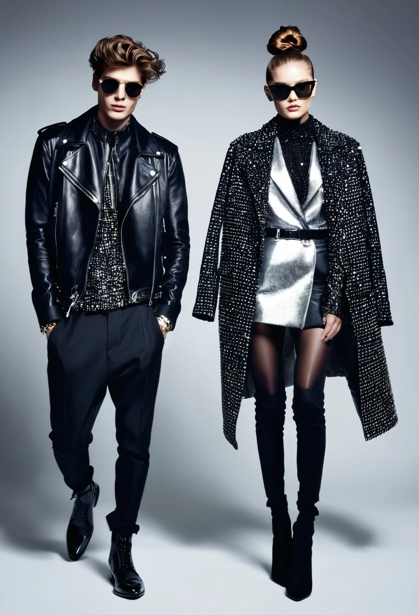 Fashionable and modern, two people, a man and a woman, shining out, rebellious