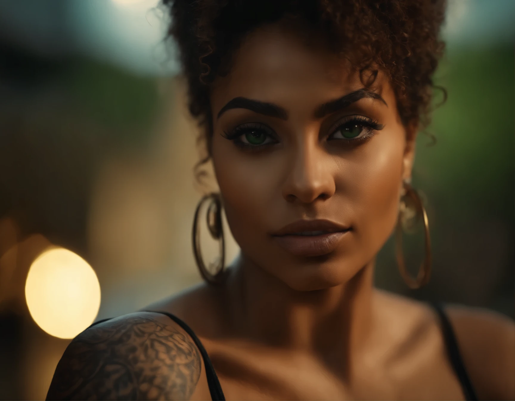 (8k, top quality, masterpiece: 1.2), (realistic, photorealistic: Big breast,light brown skin mixed race black and Arabic woman with green eyes and tatoos sexy pose