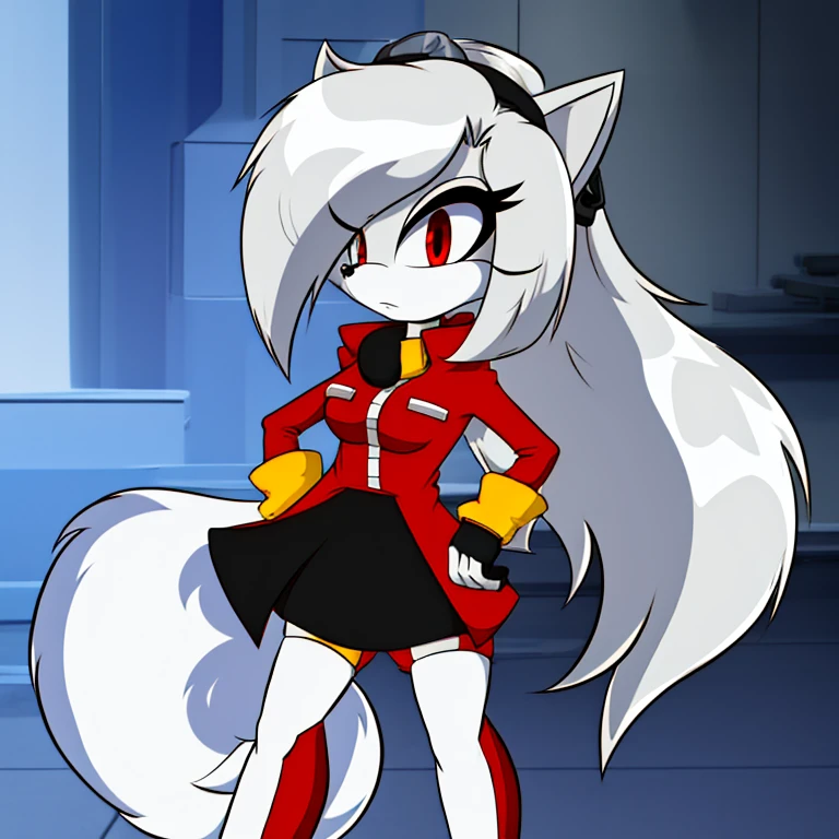 ((1girl)), ((solo)), female, mobian, fox, grayish white fur, furry, standing with crossed legs, one hand on hip, eggmaam outfit, eggmaam cosplay, skirt, thighhighs, gloves, red jacket, black thighhighs, white gloves, black skirt, goggles, ((long grayish white hair)), ((long hair)), ((hair over shoulders)), red eyes, cat like muzzle, hair bangs, red eyes, blank expression, looking at viewer, (background: cartoon futuristic laboratory), (best quality)