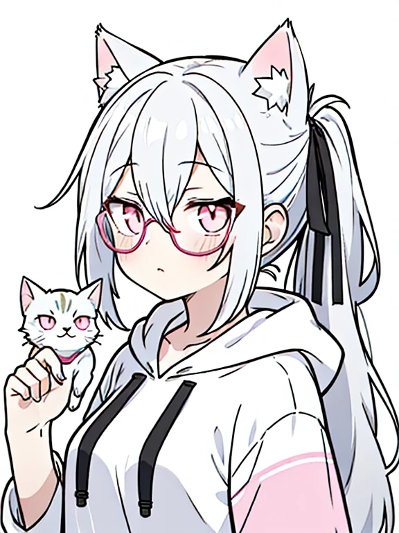 best quality, masterpiece, 1 girl, , upper body, hairs between eyes, female, pink eyes, long hair, small breasts, glasses, Side ponytail, expressionless, wink , cat ears, white hair, silver hair, streaked hair,hoodie, murder, hair ribbon