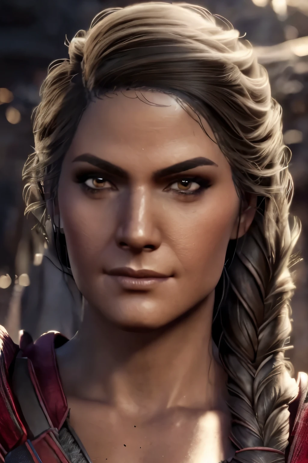 (best quality,ultra-detailed,realistic:1.37),(HDR,UHD,studio lighting),(portraits),(vivid colors),(warm color tones),(soft,moody lighting),(sharp focus),(bokeh),Kassandra,Assassin's Creed Universe,Kassandra's stunning face,Kassandra's piercing eyes,Kassandra's alluring gaze,Kassandra's seductive lips,Kassandra's flowing hair,Kassandra's confident and provocative smile,mysterious atmosphere,dark and gritty background,tattoos on Kassandra's body,ornate assassin gear,fierce and powerful stance,sparkling jewelry,dramatic lighting to accentuate facial features,subtle makeup,subtle hints of smoke or mist,nighttime setting,embers glowing in the background,subtle moonlight bathing the scene