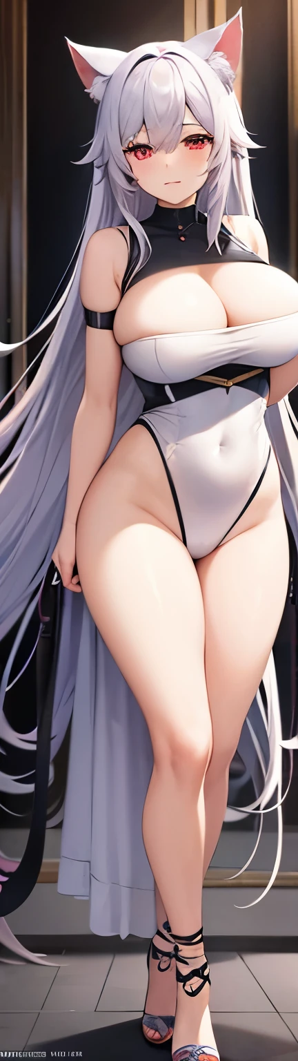 highest quality　High resolution　one young beautiful woman　red eyes　beautiful white hair　medium perm　cute soft girl　Cat ear　The huge breasts of a virgin killer with amazing charm　bbw　open your legs vertically　standing on one leg