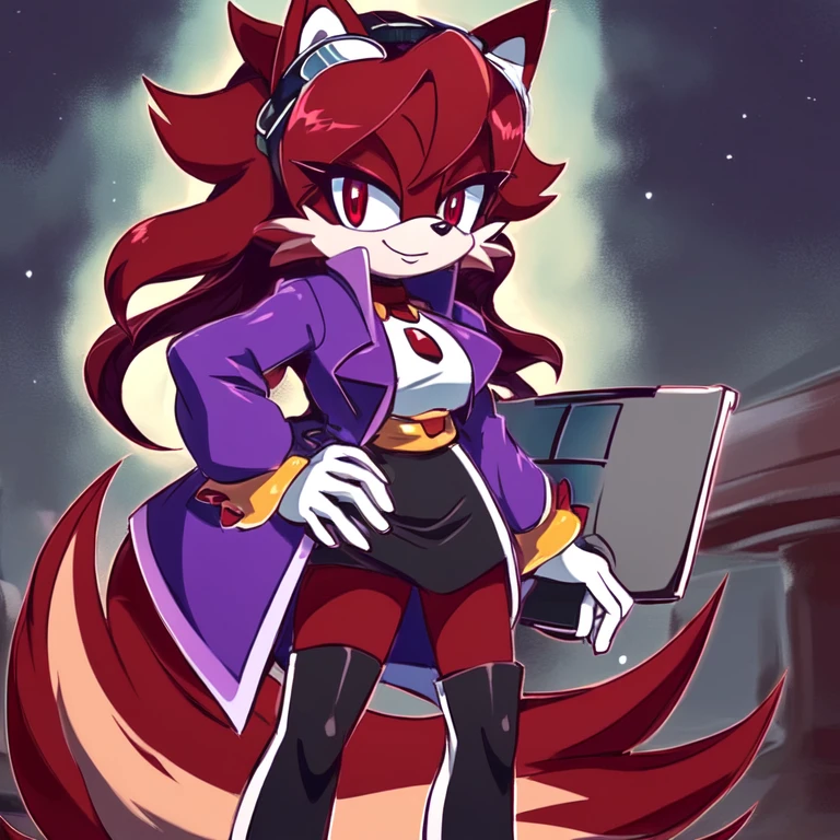 Female, Mobian, Fox, one hand on hip, (((2D Anime Style))), (solo), (1girl), high quality digital art, red and black neon lines sketch art, black cloudy background, a dark crimson furred female anthropomorphic Fox, has glowing red eyes, (((dark crimson fur))), standing up and holding a computer chip, smiling evilly, (((VERY long and wavy dark crimson hair))), (large and long hair bangs), wispy lines, (((Eggmaam outfit but with purple jacket instead of red jacket))), purple jacket, black skirt, thigh high boots, goggles, average sized breasts, (facing viewer)