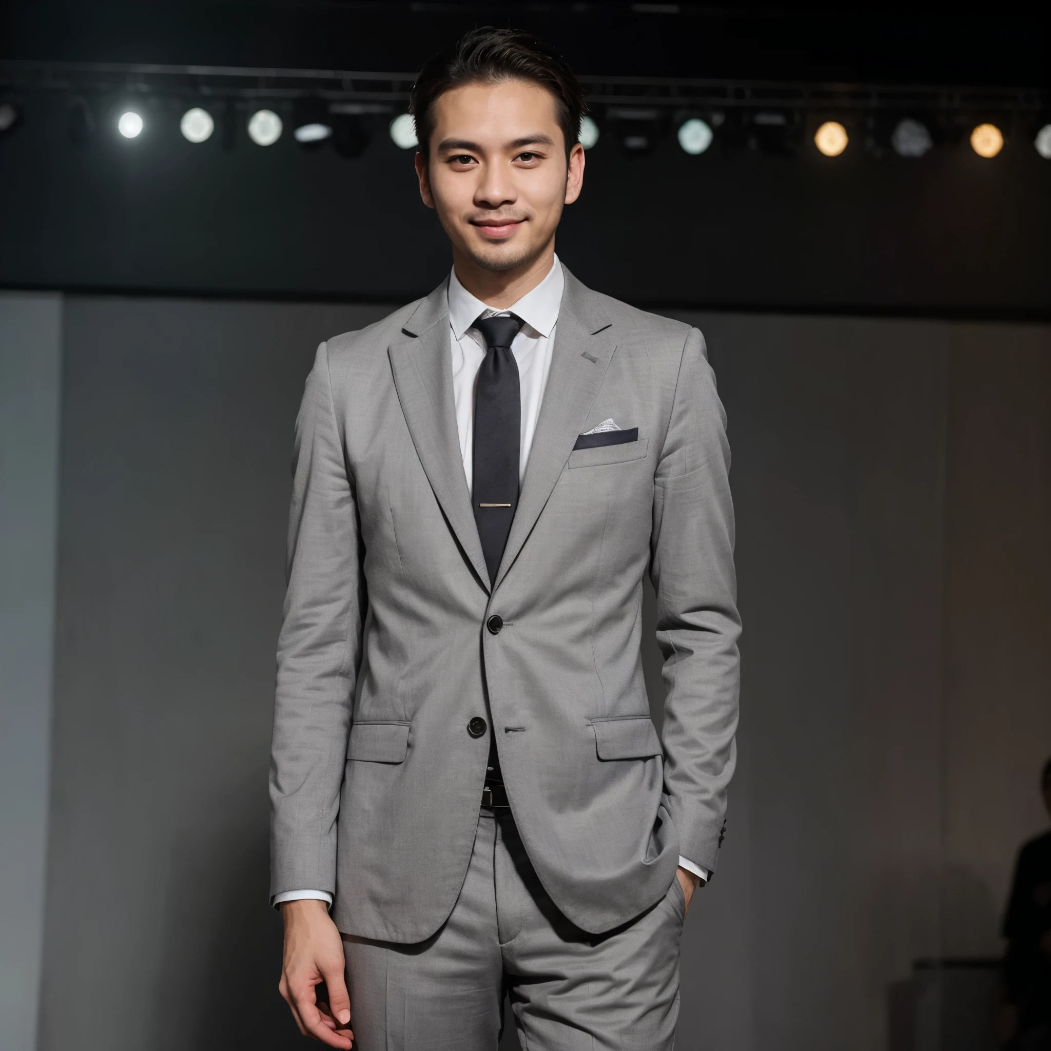 Create a hyper-realistic photo of a man, 30 years old, Thai, full length, wearing grey suite, standing, cross-arm, smilingly, on stage, blur background, ((best quality)), ((masterpiece)), (detailed), perfect face
