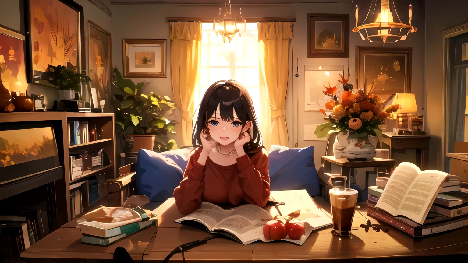 ((highest quality)), ((masterpiece)), (be familiar with), perfect face,girl、virginity、coffee、home、autumn、reading、music、refreshing、acidity、Mellow、dripper、Apple Pie、nostalgic、Charge、weekend、LINE send