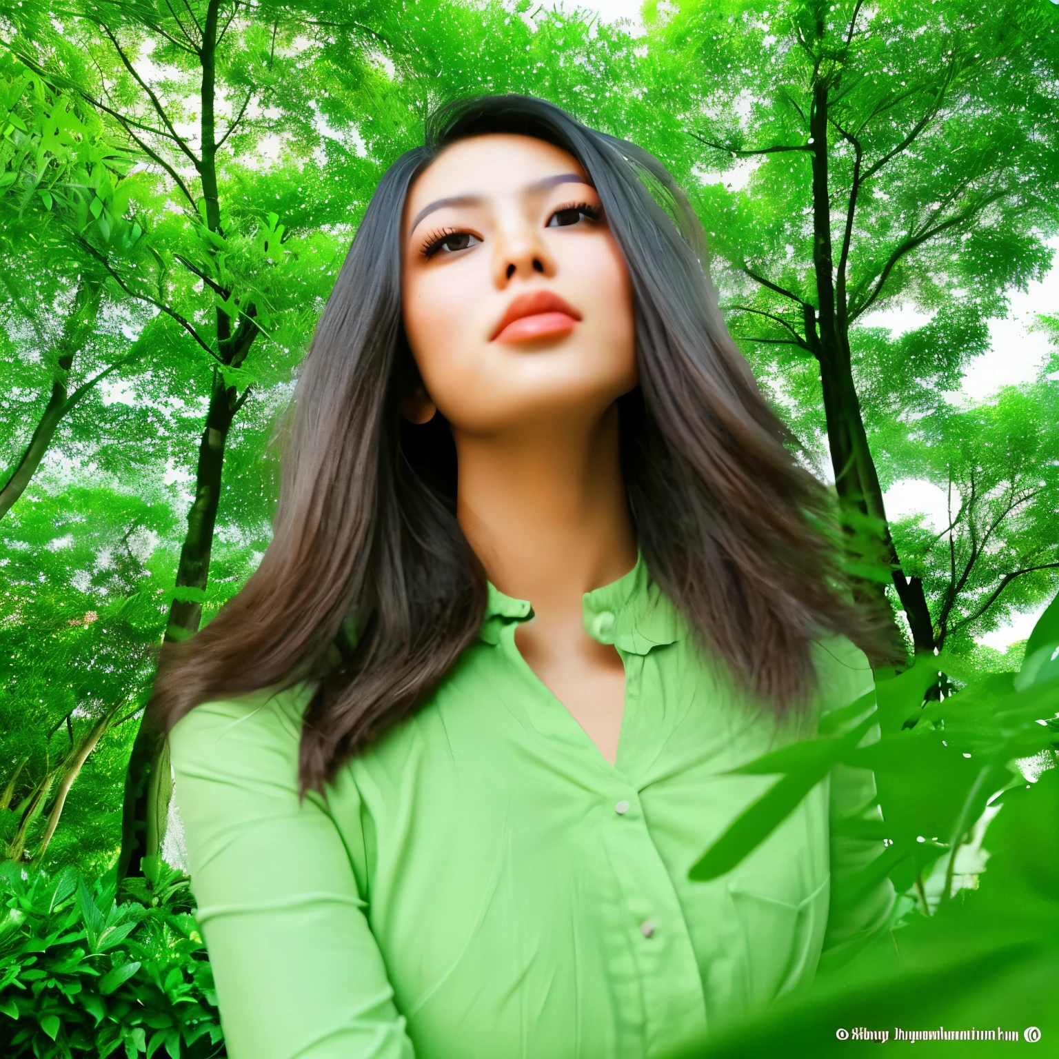 Moslem asian woman in front of green scenery