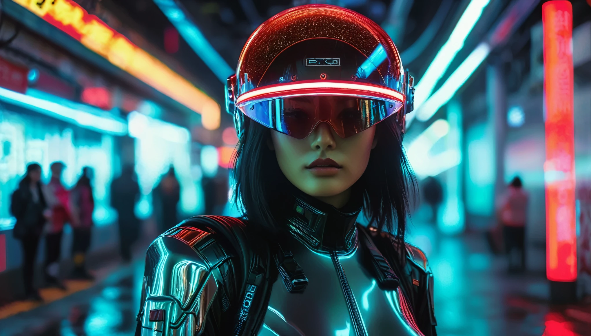 Una mujer hermosa，Wearing a translucent holographic helmet, Estilo de corrimiento al rojo 35 mm F2, day time, Ciudad Cyberpunk Neo Tokio, Neo Hong Kong, fantasma en la concha, cinematographic lighting, volumetric lighting, Criminales que se demoran, (alto contraste:1.2), reflexiones, 8K, Hyper realistic, enfocado, incredible detail, Motor irreal 5, cinematographic, renderizado de octanaje, trazado de rayos, paisaje, detailed simon stalenhag paisaje