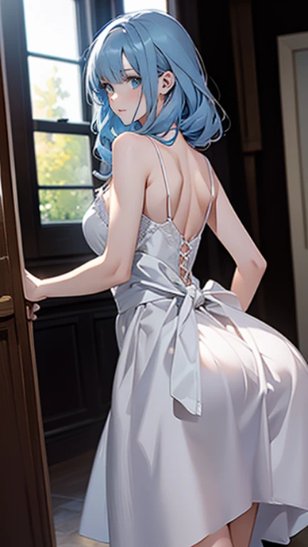 (masterpiece, best quality, high resolution, Super detailed),(beautiful and beautiful:1.2), 1 female, aldult, Perfect body, elevation angle, Turn your back and look back,Long light blue hair,Off the shoulders,Pure white tutu dress with spaghetti straps,Wearing a black tight top underneath,getting dressed,Take off the thin belt on the waist behind your back, White room with windows, Blurred foreground