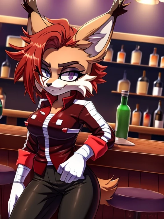 Anthropomorphic furry lynx girl, poison, Red hair, wearing a jacket with a smoke pattern on it, in black pants, hands in bandages, MMA fighter, burn on left eye, robot assistant nearby,  working in a bar as a bartender in anime style