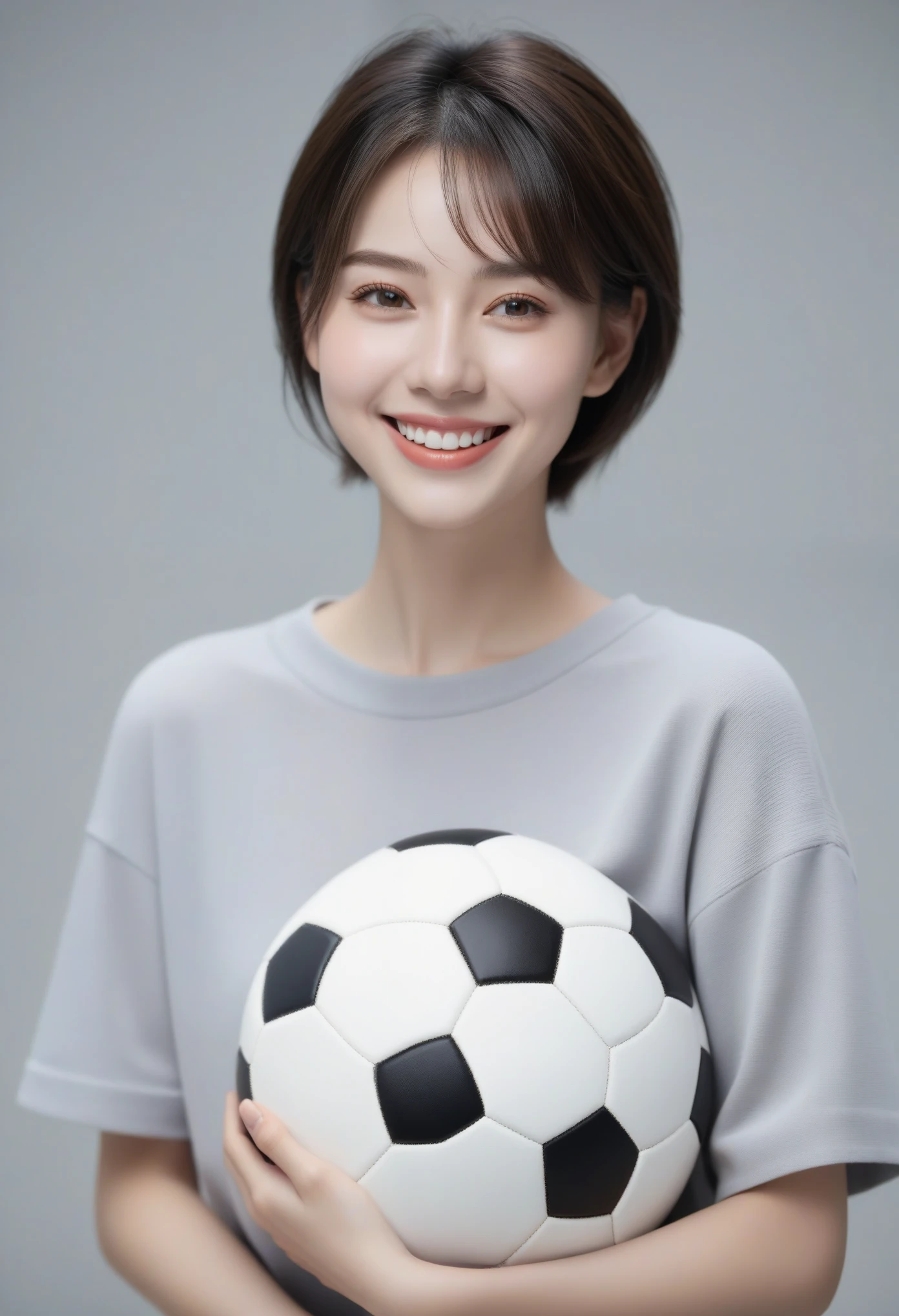 (gray background:1.5, close shot:1), (lifelike:1.4), (best quality:1.0), (ultra high definition:1.0), 8K, original photo, (masterpiece:0.2), 1 girl, beautiful skin, Delicate skin, A big smile, teeth, (short hair:1), (football:1.2)