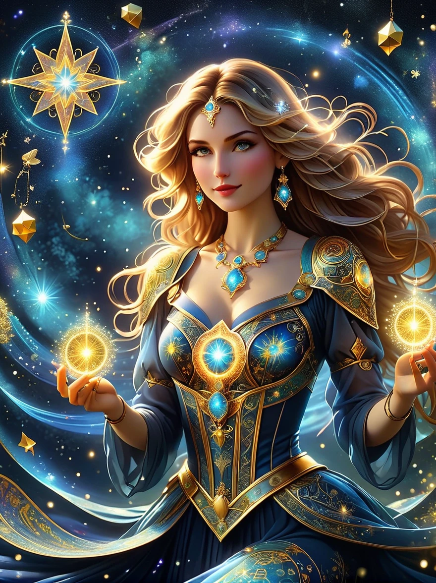 ((Long shot:1.9)),((panoramic)),(tarot card:1.5,Rotational symmetry,center),On a night sprinkled with starlight, a mysterious tarot card gently floats above the palm of an astrologer. The card depicts a vivid nightscape, with constellations outlined in silvery lines as if dancing on a black velvet backdrop. Each constellation glimmers subtly, with a radiant sun at the center symbolizing the wellspring of life and energy. The edges of the tarot card are adorned with intricate golden geometric patterns, resonating with the mystical power of the constellations. Surrounding the astrologer, ancient scrolls, crystals, and magical herbs emitting a faint glow are scattered on a table inlaid with a star map. The entire scene is like a fantasy artwork, filled with the magic of the unknown and possibilities.