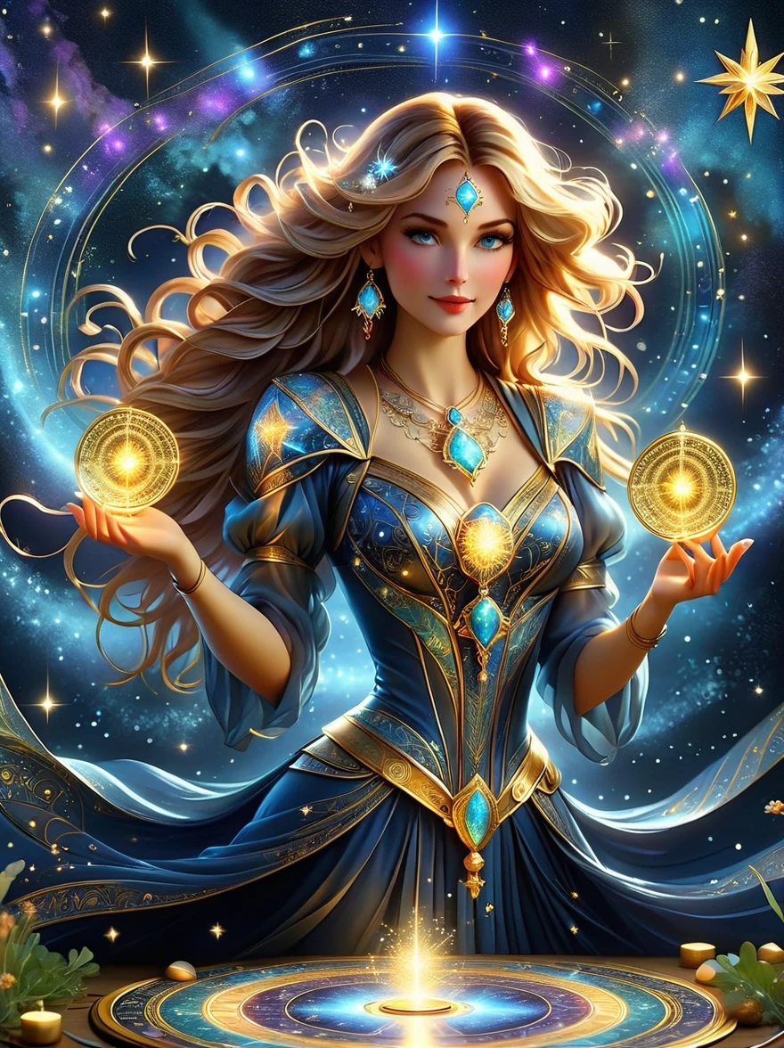((Long shot:1.9))，((panoramic))，(tarot card:1.5，Rotational symmetry，center)，On a night sprinkled with starlight, a mysterious tarot card gently floats above the palm of an astrologer. The card depicts a vivid nightscape, with constellations outlined in silvery lines as if dancing on a black velvet backdrop. Each constellation glimmers subtly, with a radiant sun at the center symbolizing the wellspring of life and energy. The edges of the tarot card are adorned with intricate golden geometric patterns, resonating with the mystical power of the constellations. Surrounding the astrologer, ancient scrolls, crystals, and magical herbs emitting a faint glow are scattered on a table inlaid with a star map. The entire scene is like a fantasy artwork, filled with the magic of the unknown and possibilities.