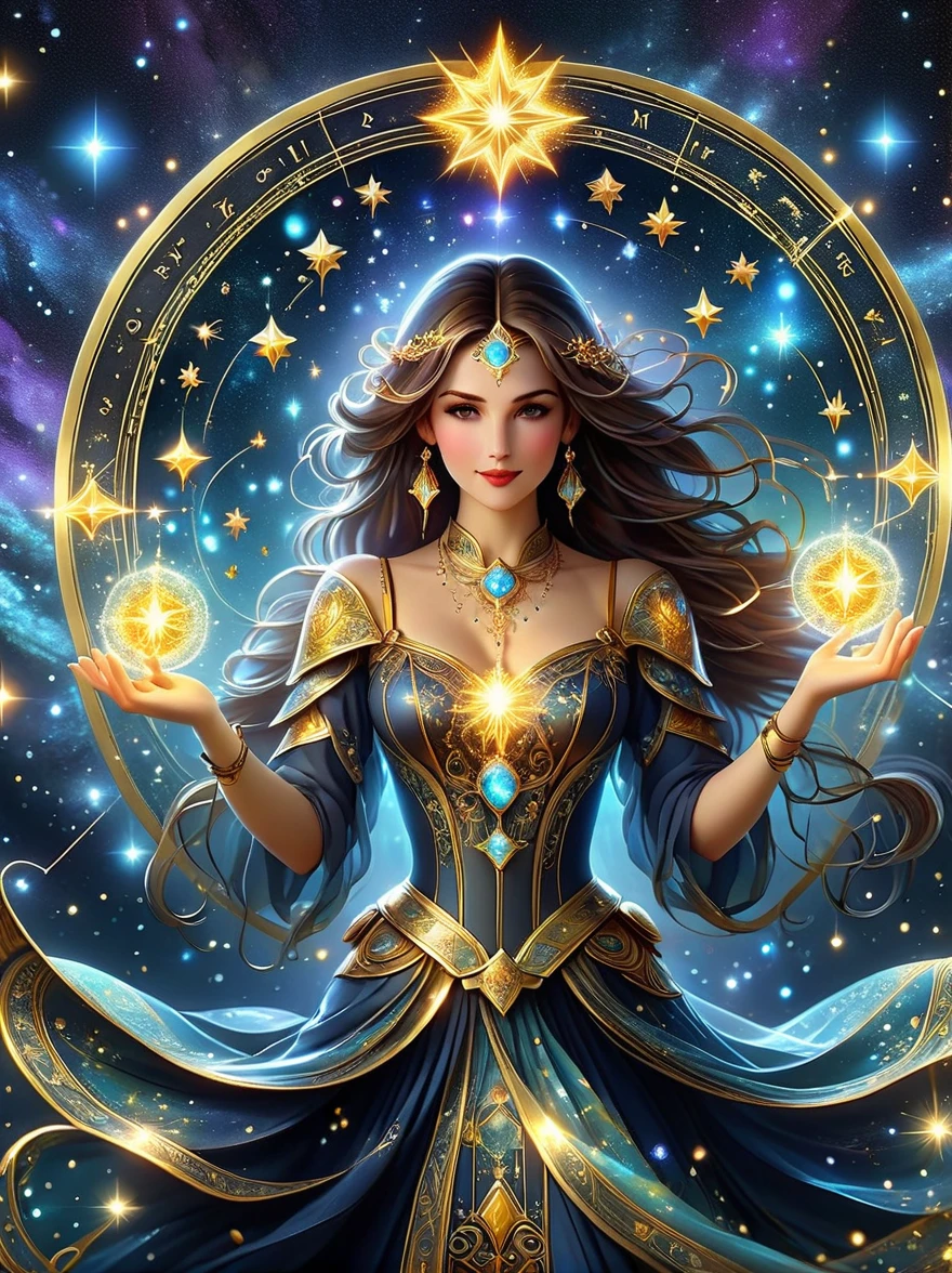 ((Long shot:1.9)),((panoramic)),(tarot card:1.5,Rotational symmetry,center),On a night sprinkled with starlight, a mysterious tarot card gently floats above the palm of an astrologer. The card depicts a vivid nightscape, with constellations outlined in silvery lines as if dancing on a black velvet backdrop. Each constellation glimmers subtly, with a radiant sun at the center symbolizing the wellspring of life and energy. The edges of the tarot card are adorned with intricate golden geometric patterns, resonating with the mystical power of the constellations. Surrounding the astrologer, ancient scrolls, crystals, and magical herbs emitting a faint glow are scattered on a table inlaid with a star map. The entire scene is like a fantasy artwork, filled with the magic of the unknown and possibilities.