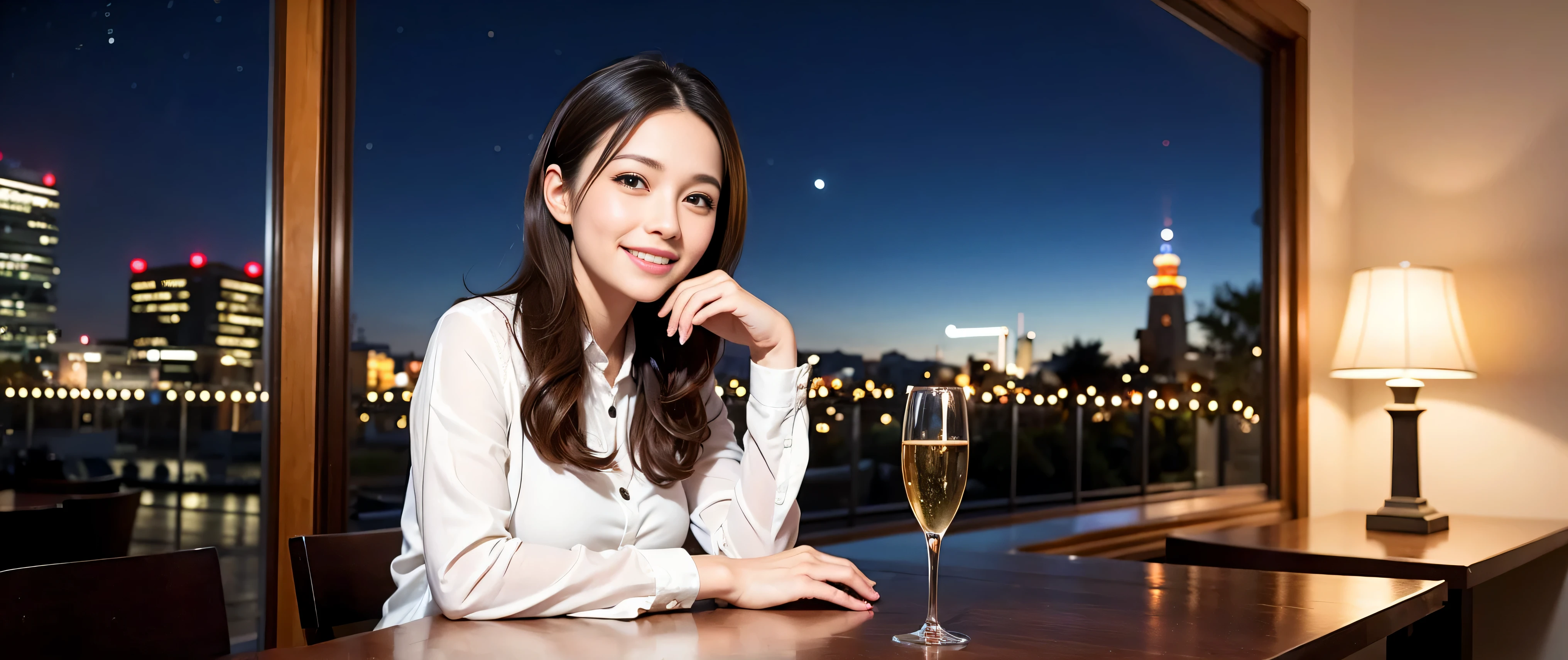K, UHD, highest quality, masterpiece: 1.2), (realistic, photorealistic: 1.37), Super detailed, 3 slim beauties, (slim face),Happy、 the best smile、Fox face、Berry Short、(because I&#39;thin), (brown hair), (shortcut), long sleeve shirt、winter fashion、Colombian、Brazilian、Japanese、Dutch、German、Portuguese、Belgian、Italian、French,Champagne、sparkling wine、 (gush out), (slim body), (brown hair), (shortcut), neat beauty、cheeks turn a little red, (35 years old), 38 years old, alone, A beautiful and detailed night view spreads out outside the window...., restaurant, wine glass is sitting, At night, in a prominent place (from the Upper body) nova frog style, actress, model, Upper body, White wine, slim, wine glass, Very beautiful night view, wine glass Put in the Middle, Happy smile, (smile: 1.15), 