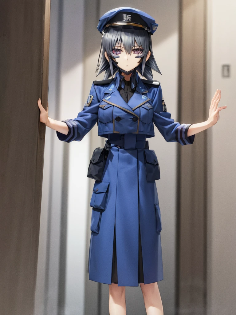 Ayamine Kei , (((highres official art))) , (((muv-luv alternative))) , (((1girl))) , black hair , purple eyes , looking at viewer, bangs, skirt, simple background, long sleeves , white background, closed mouth, standing, jacket, white shirt, grey hair, uniform, character name , military, military uniform, blue jacket, clenched hand, blue headwear, high-waist skirt, military