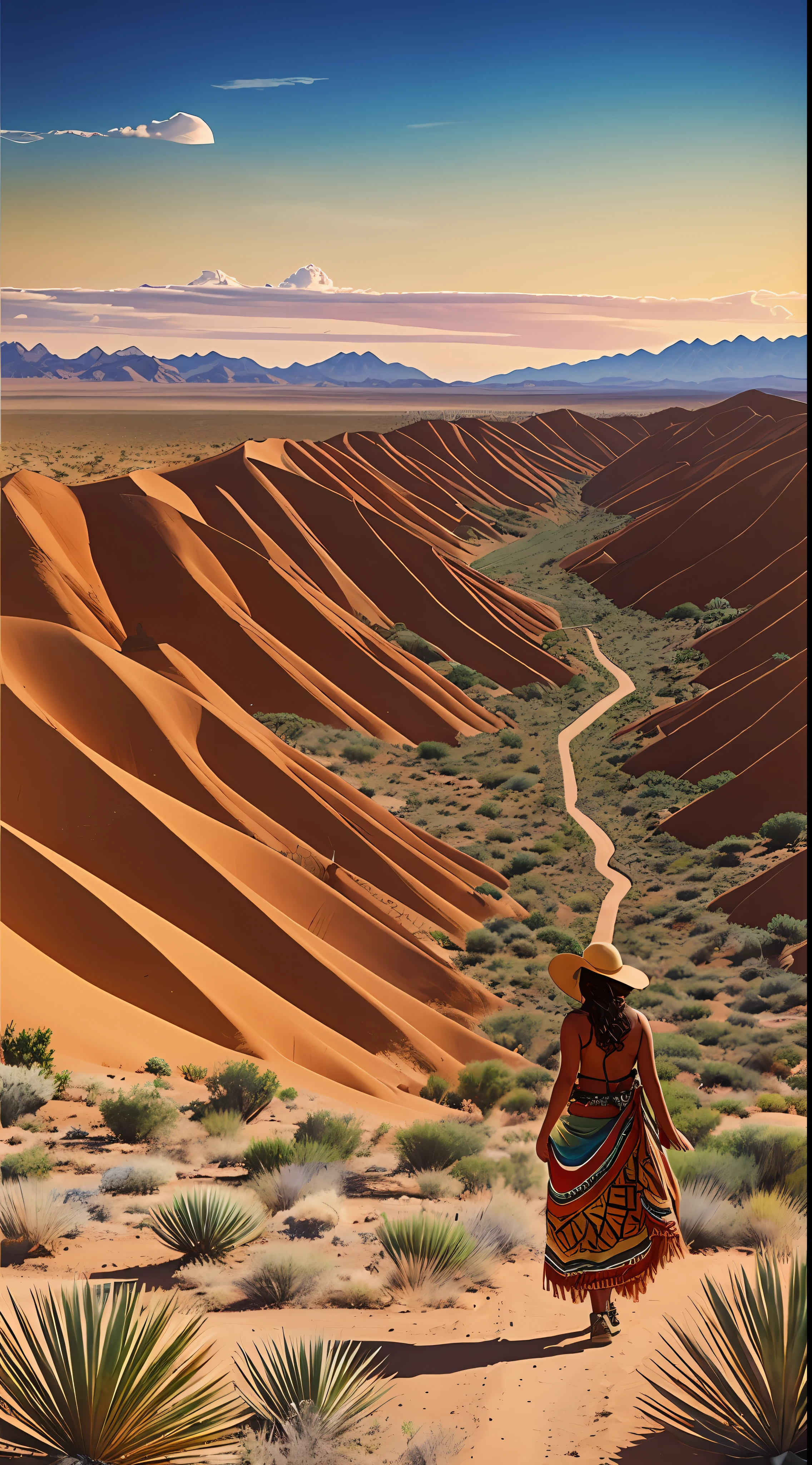 Photograph of brown woman with Mexican regional bestido in a desert with snakes and captus and mountains Mexican colors around, masterpiece --auto --s2
