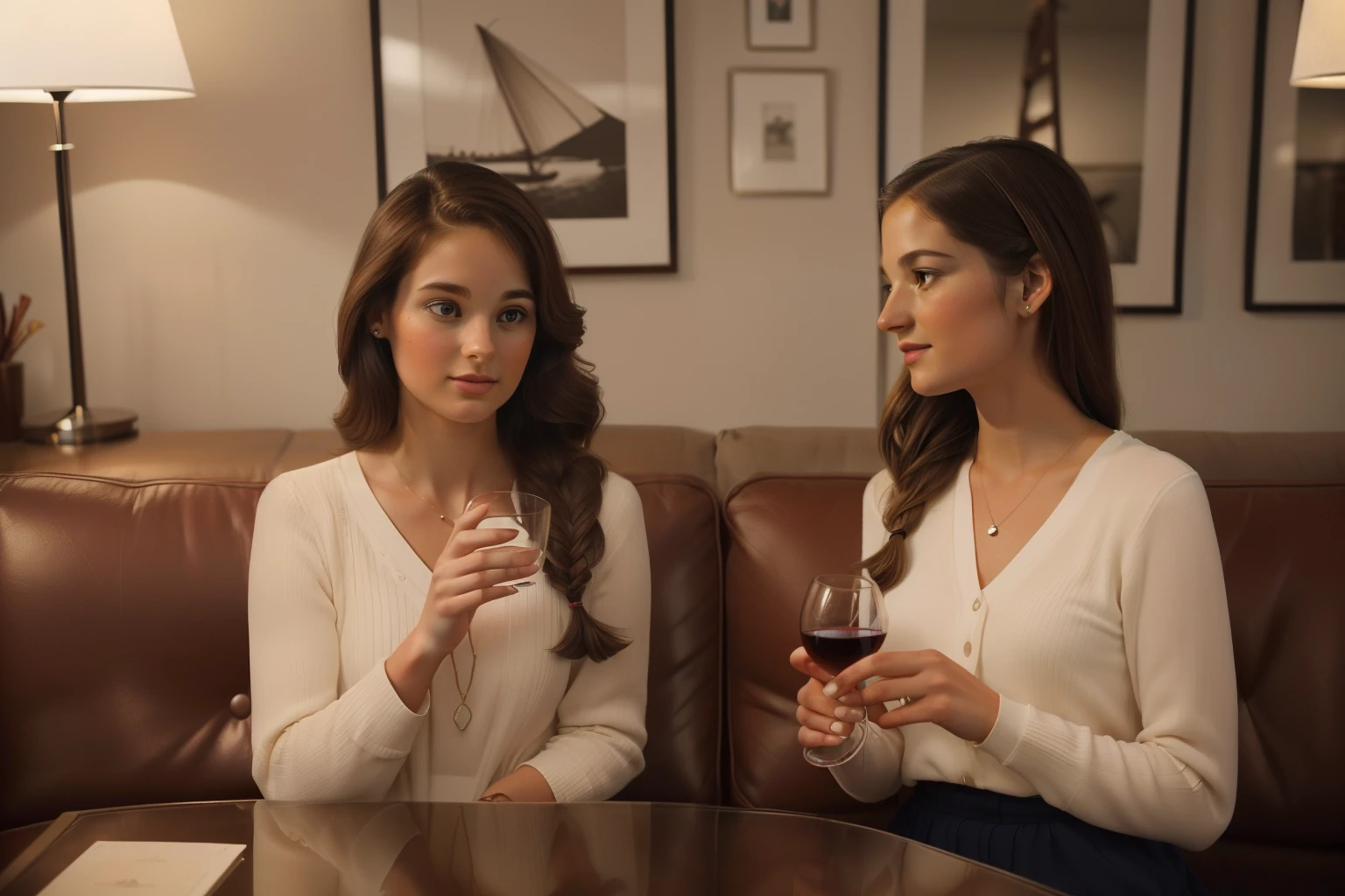 Little Wing, Wisconsin, 2014. A young ((((30-year-old)) Beth)), attractive, delicate features, graceful, warm and expressive eyes, strong, resilient, at home, drinking a glass of wine, with a friend. ((((stylish clothings from the 2010s)))), ((long flowing hairstyle of the 2010s))