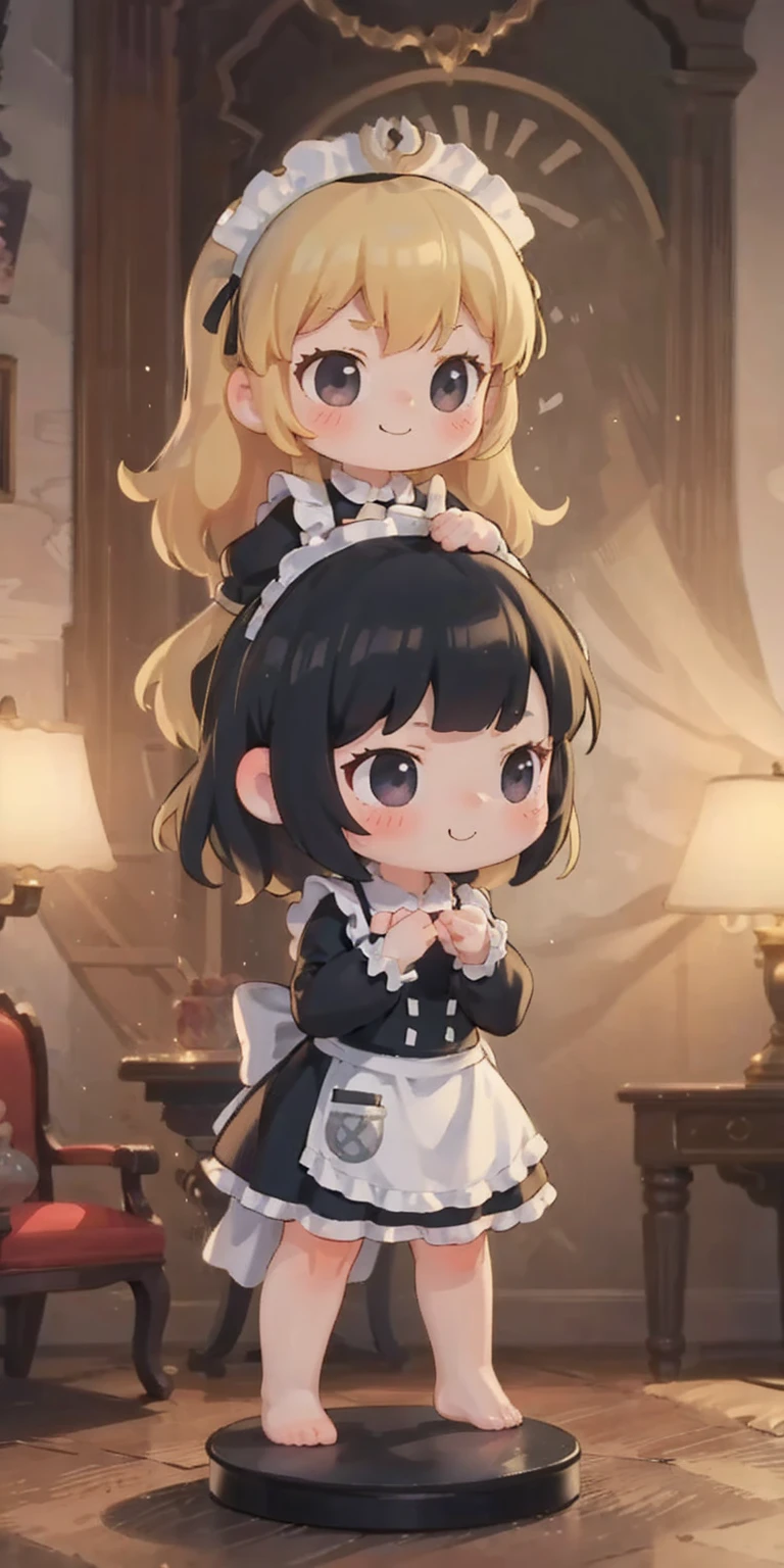 1mother with daughter showing her asses,barefeet, cute, ((Short black hair girl and long blonde hair girl)), maid victorian, maid apron, straight face, dazed, Body position: Standing, straight, symmetrical, barefoot, Lustful smile on face with red blush