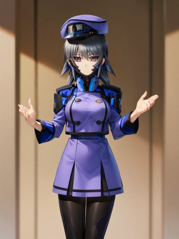 Ayamine Kei , (((highres official art))) , (((muv-luv alternative))) , (((1girl))) , black hair , purple eyes , looking at viewer, bangs, skirt, simple background, long sleeves , white background, closed mouth, standing, jacket, white shirt, grey hair, uniform, character name , military, military uniform, blue jacket, clenched hand, blue headwear, high-waist skirt, military