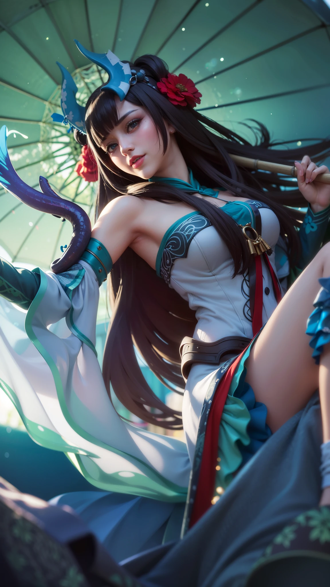 girl with black hair holding a umbrella, red lips glossy, 8k, ultra hd, ultra detailed texture, hyper realistic, masterpiece, detailed texture, detailed face, detailed skin, detailed lighting, (photorealistic:1.5), best quality, beautiful lighting, cinematic lighting, professional lighting, ultra highres, realistic, detailed hair, real hair, high quality, (realskin:1.5), extremely detailed, finely detail, ultra-detailed, smile, kimono outfit, blue eyes.