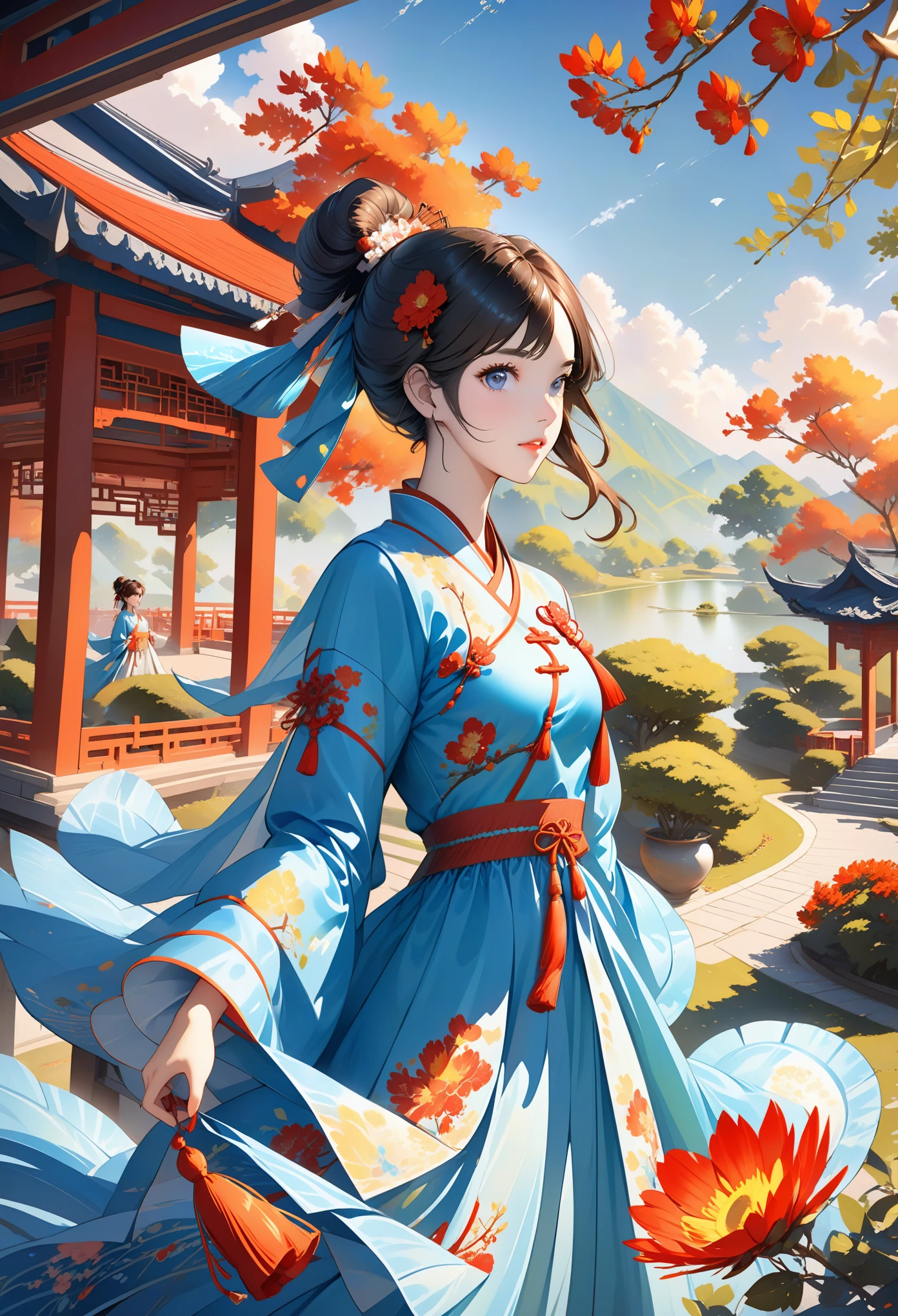 ((whole body)), samdoesarts style award winning whole body portrait of a beautiful woman, (((perfect female face)),((China costume)), ((Shabble Hanfu)), pavilion, complicated, ( beautiful details eyes),((hairpin, twisted hair, Double ball head)), (Sunlight), Shadow graphic illustration, The art of math, Trending on Artstation, Very detailed, fine details, complex, Artgerm & Rutkowski & Alphonse Much Art,