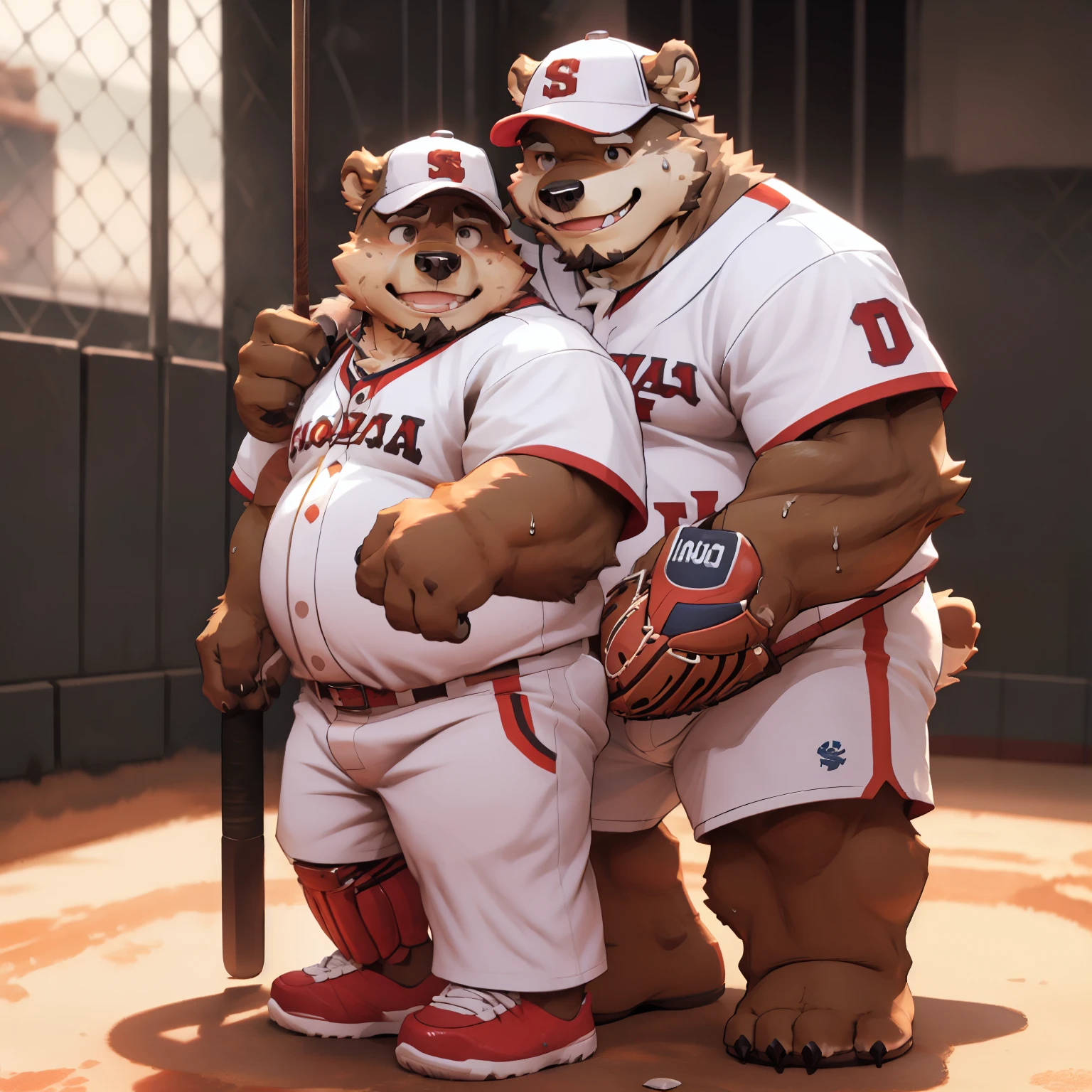 New Jersey 5 Hairy, Bear，full body portrait, male,exquisite， chubby，thick arms，plush fur，front，stand，baseball cap，red and white striped shirt，white shorts，swing a baseball bat，sweating，Smile