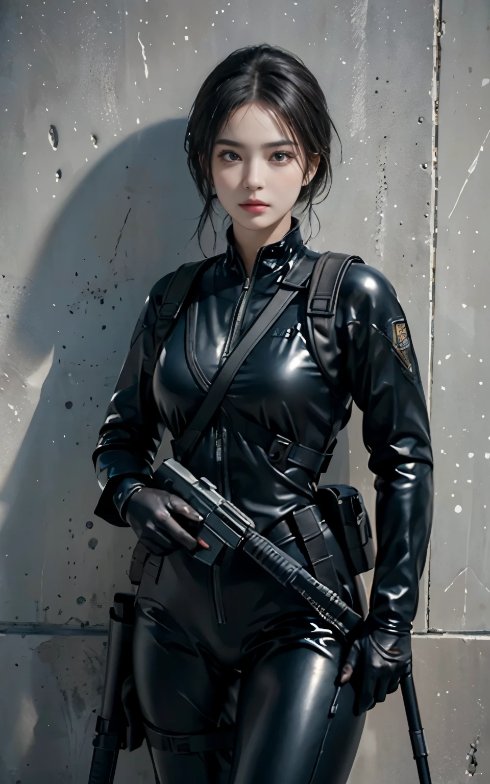 ((highest quality, 8K, masterpiece: 1.3)), ((highest quality)), realistic, photorealism, A girl aiming with an assault rifle, battle pose, realistic, High resolution, look at the camera, (detailed face), short black hair, blue latex rubber suit, military harness, Revealed thighs, gun,black gloves, tech headset, fingers are blocked, concrete wall background,naked