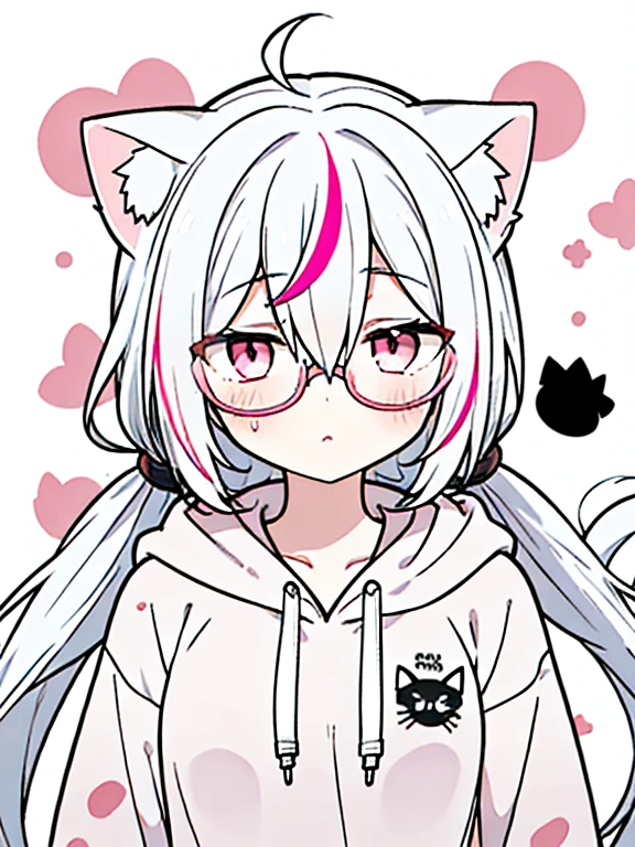 best quality, masterpiece, 1 girl, li, upper body, hairs between eyes, female, pink eyes, long hair, small breasts, glasses, pony-tail, expressionless, wink , cat ears, white hair, silver hair, streaked hair，hoodie,  murder, 