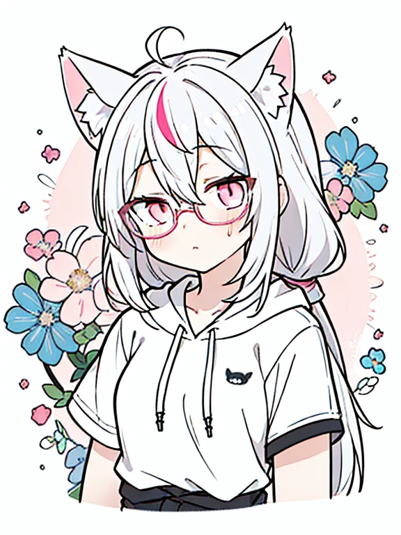 best quality, masterpiece, 1 girl, , upper body, hairs between eyes, female, pink eyes, long hair, small breasts, glasses, pony-tail, expressionless, wink , cat ears, white hair, silver hair, streaked hair,hoodie, murder,