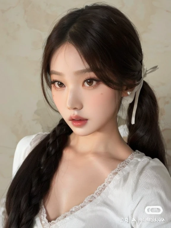 um close de uma mulher com cabelos longos e uma blusa branca, Bela Delfina, Ulzzang, profile picture with headshot, coreana, lalisa manobal, Sakimichan, Shikamimi, Sakimi-chan, with black braids, braids hairstyle, young cute wan asian face, asian face, lindo rosto delicado, asian features