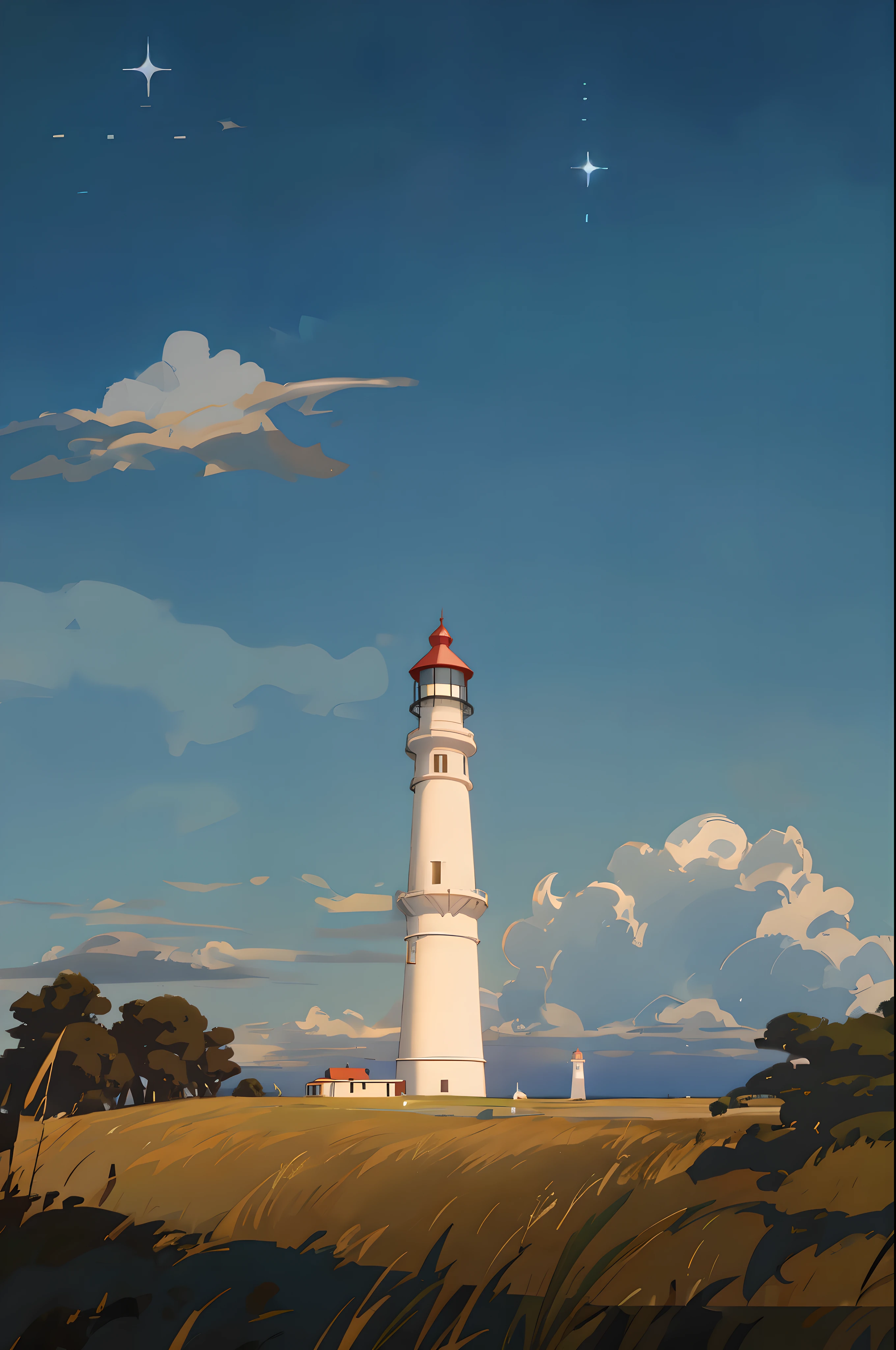 lighthouse in a field of tall grass with a blue sky in the background, lighthouse, bold lighthouse in horizon, view from below, Dreamy colors, The background is blue sky,Flowing cloud, Ghibli style
