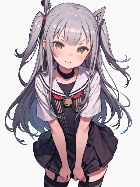 masterpiece, highest quality, 1 girl, alone, looking at the viewer, amatsukaze, hair tube, two side up, gray hair, brown eyes, hair ornaments, flat_chest, sailor dress, striped knee socks, garter strap, single glove, closed one eye, smile, V-shaped eyebrows, point to the viewer, put your hand on your waist, bent down,, Chibi,