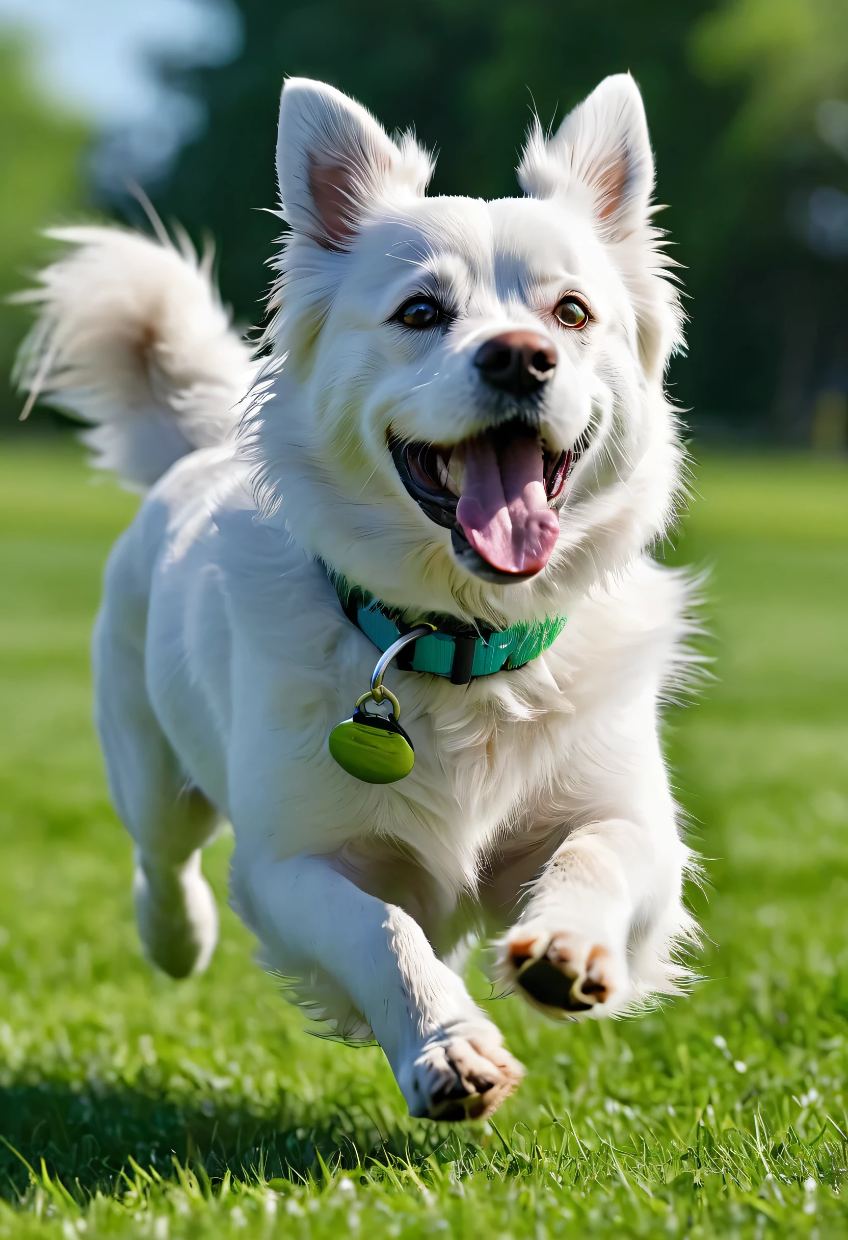(best quality,4k,highres,ultra-detailed,realistic:1.37),a trained dog,running dog,side camera angle,racing on a green lawn,fluffy fur,excellent posture,detailed paws and claws,in motion,sharp focus,elegant movements,athletic sprint,natural sunlight,green grass,blue sky,colorful collar,fast and agile,reliable companion,dog training,professional pet training,reward-based training,synchronization with the trainer's commands,obedient and intelligent breed,healthy and energetic,joyful expression,expressive eyes,lively wagging tail,tongue out,positive reinforcement,running in controlled manner,disciplined behavior,well-maintained fur,thriving dog,perfect muscle definition