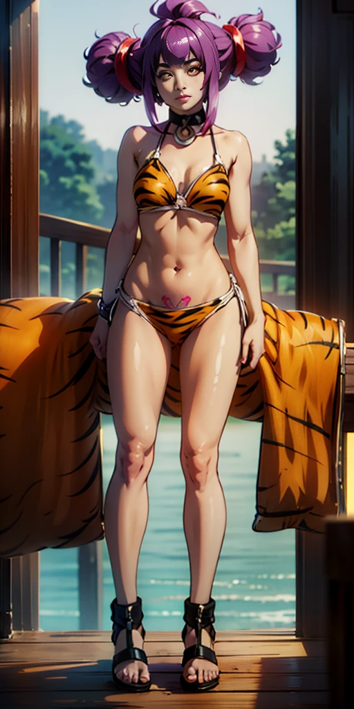 1 girl, bare shoulders, wearing a yellow tiger bikini, metal sandals, strong body, red tattoo under stomach, navel, purple hair, bun hair