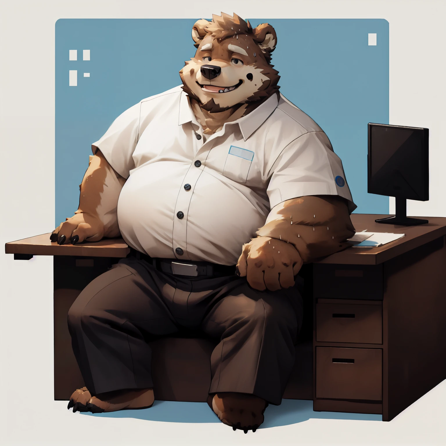 New Jersey 5 Hairy, Bear，full body portrait, male,exquisite， chubby，thick arms，plush fur，front，stand，Blue button-down shirt，white lining，black trousers，desk，sit down，sweating，Smile