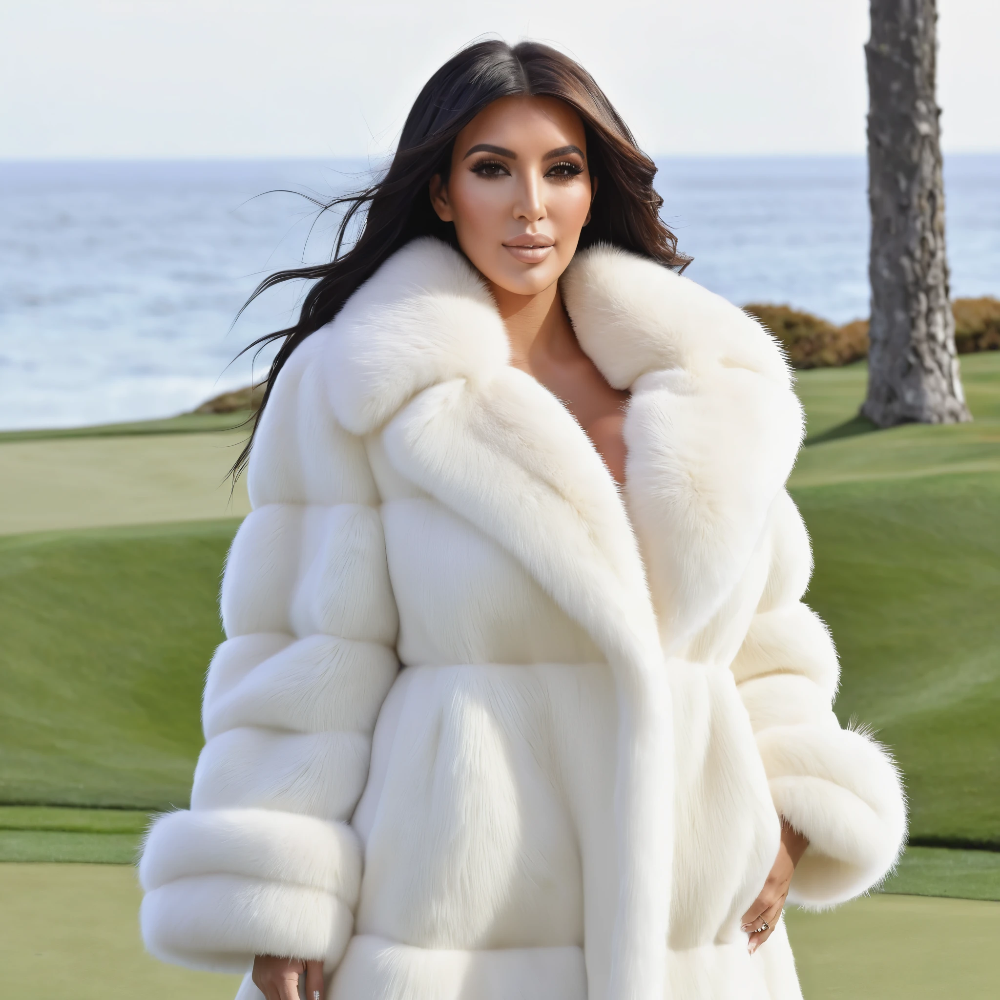 A very wide and very thick, manteau de fourrure en vison blanc, fifty centimeters thick, duveteux, naturel, with an ultra thick white mink fur collar, three layers, sur Kim Kardashian , bare shoulders, and two large breast covered by the fur, at Pebble Beach golf