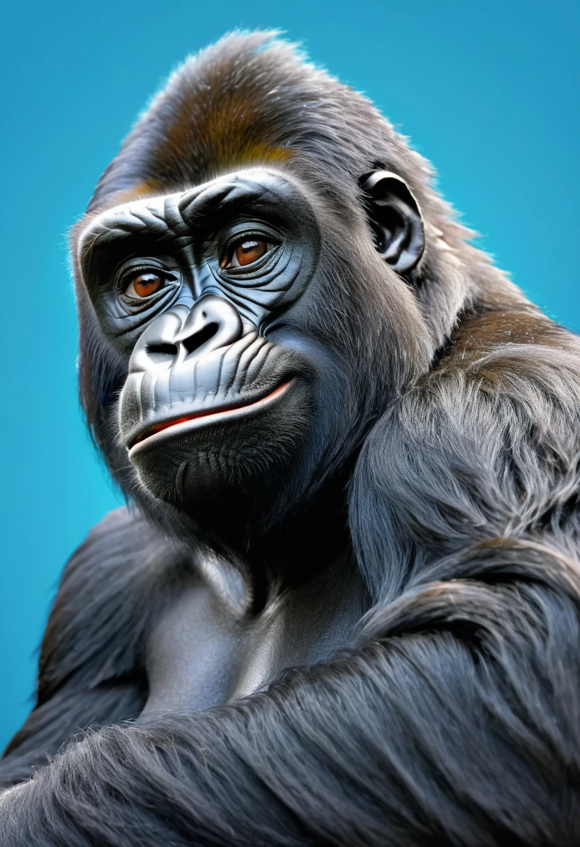 (sleepy,relaxed,lazy:2.3),(gorilla,primate),(blue background),(best quality,cartoon style illustration:1.2),(blue-eyed),peaceful expression,clear details,mischievous smile,drowsy eyes,puffy cheeks,soft fur,curled-up posture,comfortable atmosphere,dreamy vibe,playful colors,delicate lines,smooth shading,skilled brushwork,whimsical touch