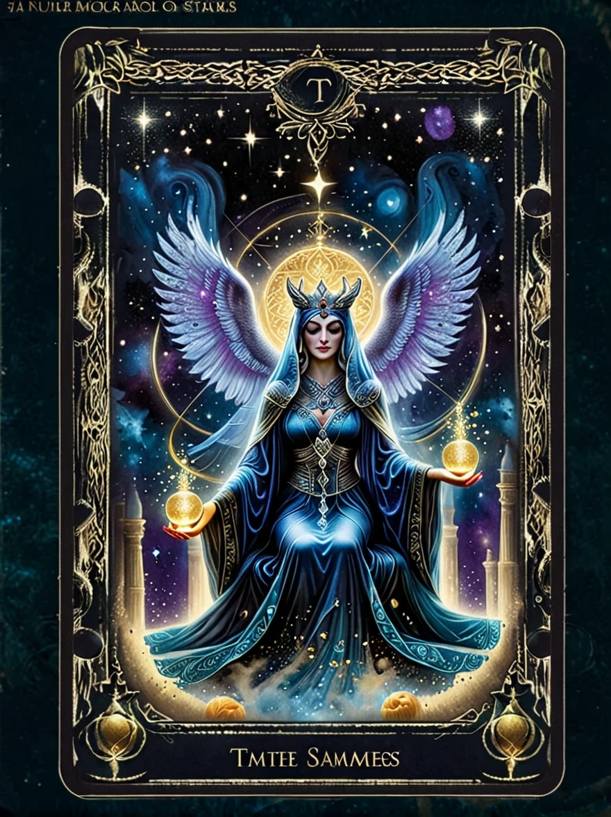 (tarot card:1.5，Rotational symmetry，center), Envision a mystical tarot card floating amidst a cosmic backdrop of twinkling stars and swirling galaxies. The card is the 'The High Priestess,' represented by a regal figure sitting between two pillars, a crescent moon at her feet and a tapestry of pomegranates behind her. She holds an ancient scroll and her eyes are filled with the wisdom of the ages. Around her, ethereal forms and symbols emerge, such as an owl for wisdom, a crown for authority, and a veil for mystery. The colors are vibrant yet possess a dreamlike quality, with deep blues, purples, and silvers that shimmer against the cosmic void. The image evokes a sense of deep intuition and the unknowable secrets of the universe.