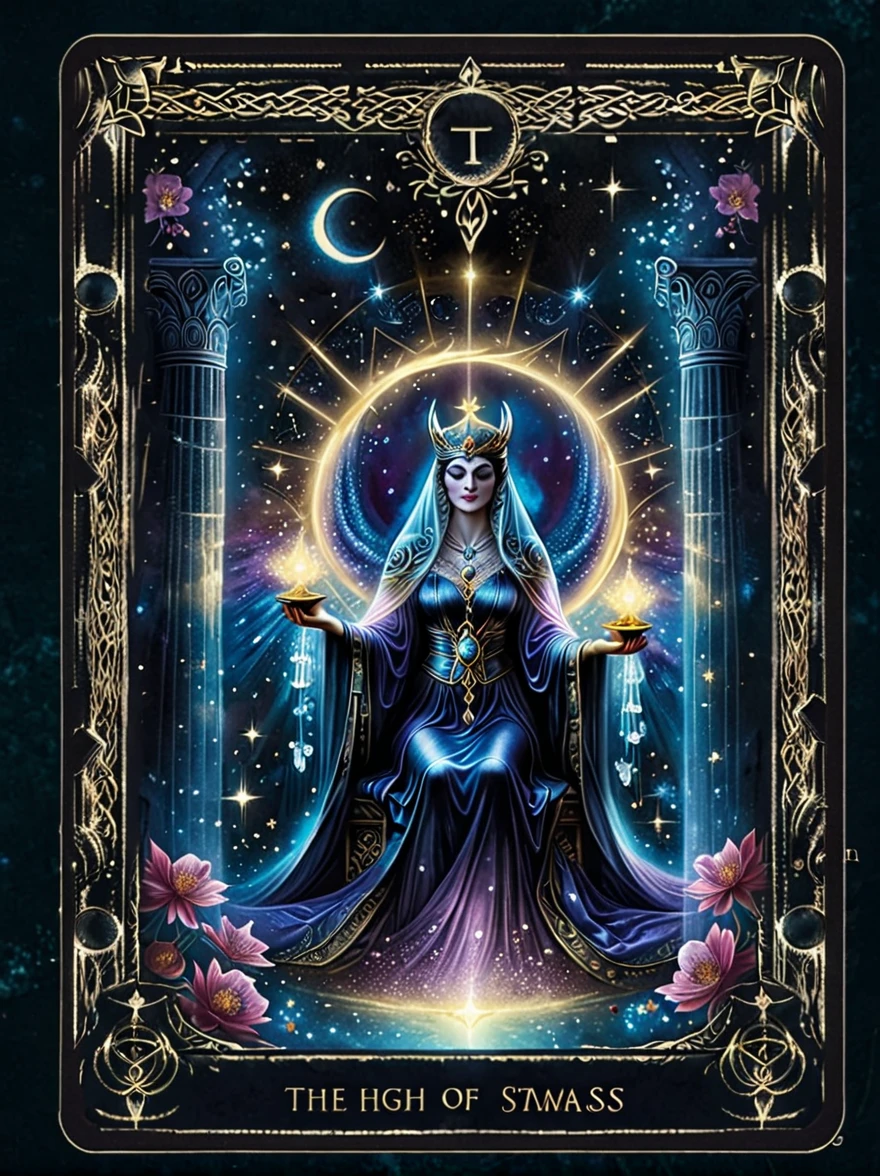 (tarot card:1.5，Rotational symmetry，center), Envision a mystical tarot card floating amidst a cosmic backdrop of twinkling stars and swirling galaxies. The card is the 'The High Priestess,' represented by a regal figure sitting between two pillars, a crescent moon at her feet and a tapestry of pomegranates behind her. She holds an ancient scroll and her eyes are filled with the wisdom of the ages. Around her, ethereal forms and symbols emerge, such as an owl for wisdom, a crown for authority, and a veil for mystery. The colors are vibrant yet possess a dreamlike quality, with deep blues, purples, and silvers that shimmer against the cosmic void. The image evokes a sense of deep intuition and the unknowable secrets of the universe.